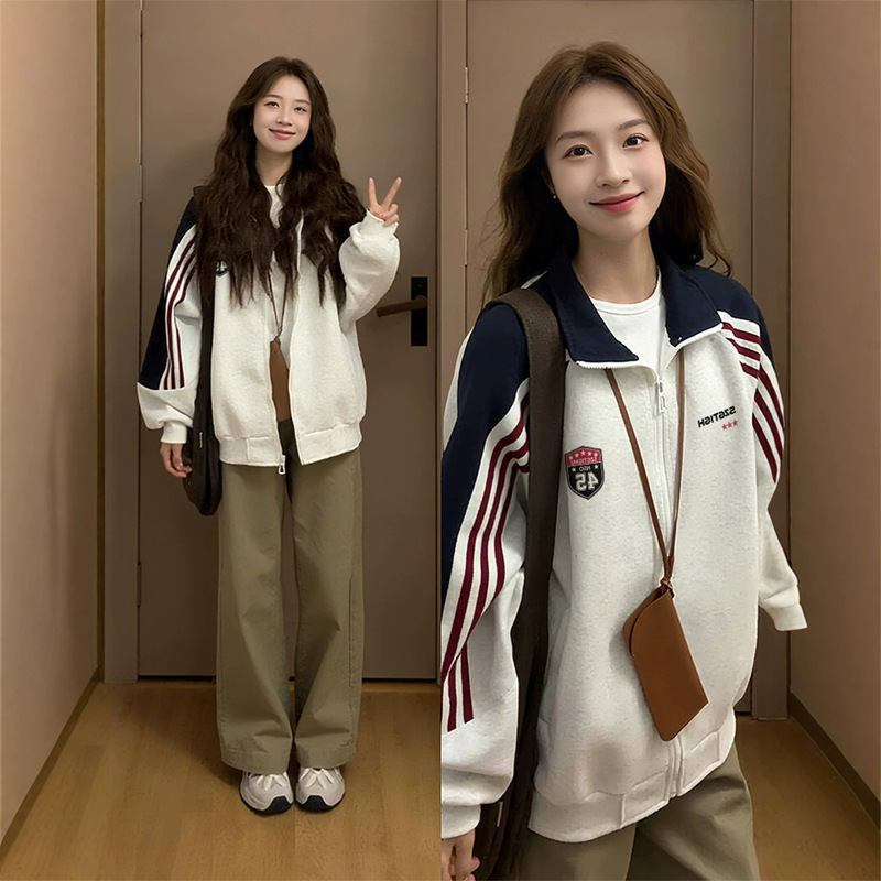 Oversized American-style striped color-block Korean early autumn sweatshirt for women, thin loose-fitting zip-up cardigan jacket for autumn Oversized American-style striped color-block Korean early autumn sweatshirt for women, thin loose-fitting zip-up cardigan jacket for autumn