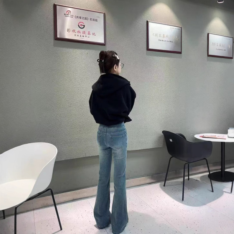 复古蓝微喇牛仔裤女秋季2025新款小个子高腰修身显瘦喇叭马蹄裤子|undefined