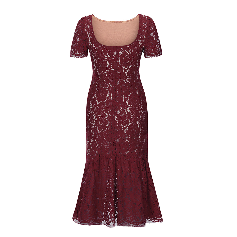 Solid Color Embroidery Lace Backless Fishtail Dress NSHYG111312