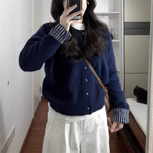 假两件藏蓝色毛衣女装2025秋冬格子拼接长袖针织开衫短款外穿上衣