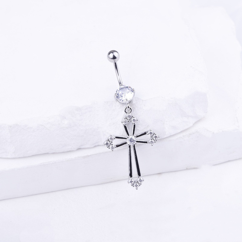 Diamond Crown Cross Belly Button Ring Gold Dangle Body Piercing Jewelry detail image 12