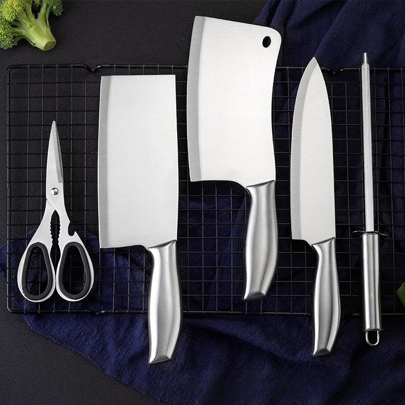 Inventario al por mayor de acero inoxidable 6 piezas cuchillo de cocina conjunto de seis puntos cuchillo de soldadura mango sándwich de seis piezas cuchillo de cocina