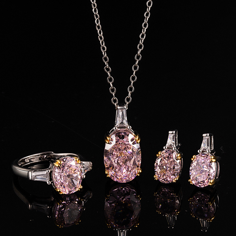 Tiktok Live Pigeon Egg High Carbon Diamond Ice Flower Cut Set Fashion Light Luxury Colored Gemstone Ring Earrings Necklace Three-Piece Set