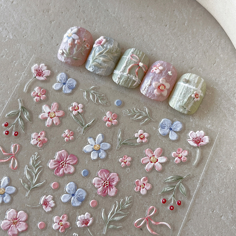 Spring Pastoral Style Flower Meeting Embossed Nail Art Stickers Oil Painting Blue Pink Flowers and Leaves Nail Stickers Decorations