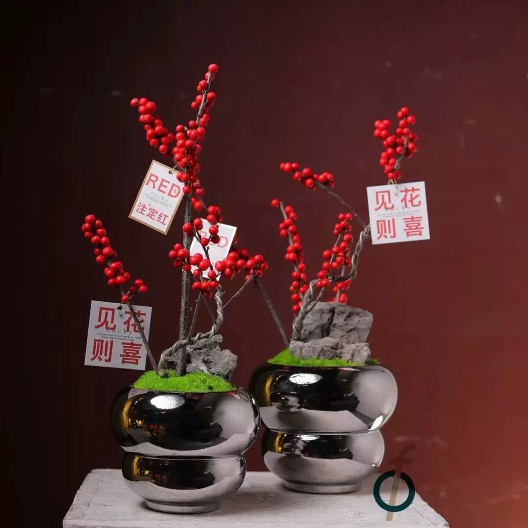 银柳冬青蝴蝶兰金属色新年宵花福桶轻奢客厅插花花器盆栽盆景花盆