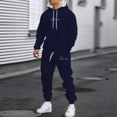 简约字母印花男士运动套装时尚休闲春秋季拼接连帽卫衣长裤两件套