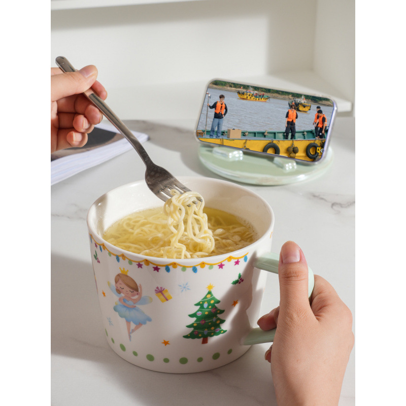 Pares de cerámica de alto valor de cara, bolsas de fideos de cerámica de niñas convenientes, tazas y tazones con soporte de teléfono móvil, cubierta de arco de lujo ligero