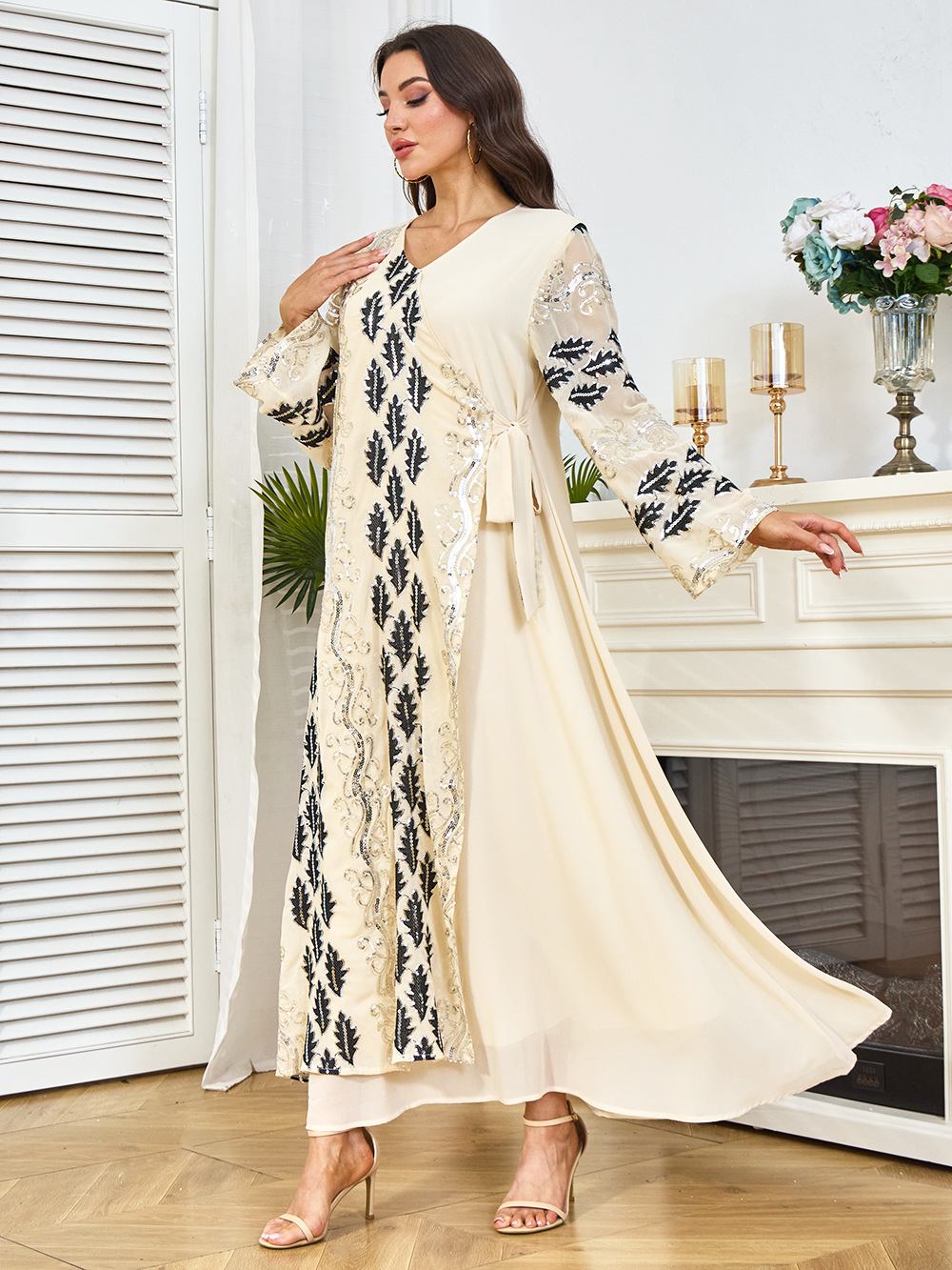 New Cross-border Dubai Abaya Clothing, Abaya, Middle Eastern Dress, Long-sleeved Sequined Arabic Gown_ecoleips.com