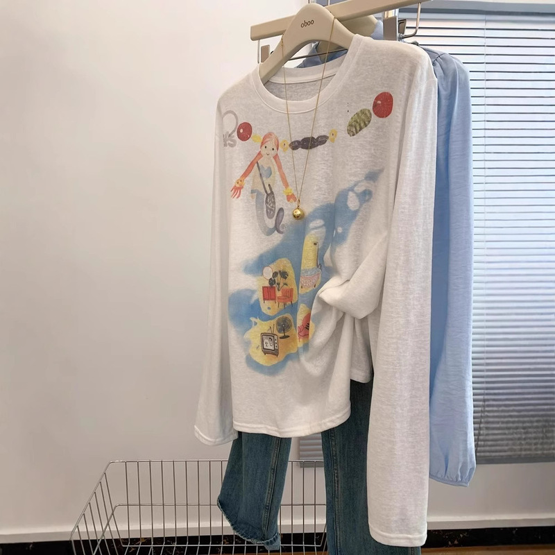 White Long-sleeved T-shirt Loose Slimming Straight Shoulder Top Women's Mid-length Unique Super Sun Protection Blouse T-shirt