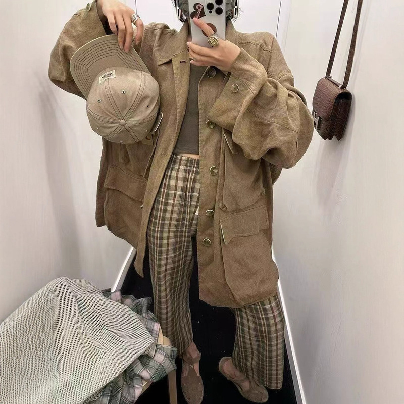 日系翻领工装风汉麻外套女秋季新款拼多口袋复古宽松休闲百搭开衫|undefined