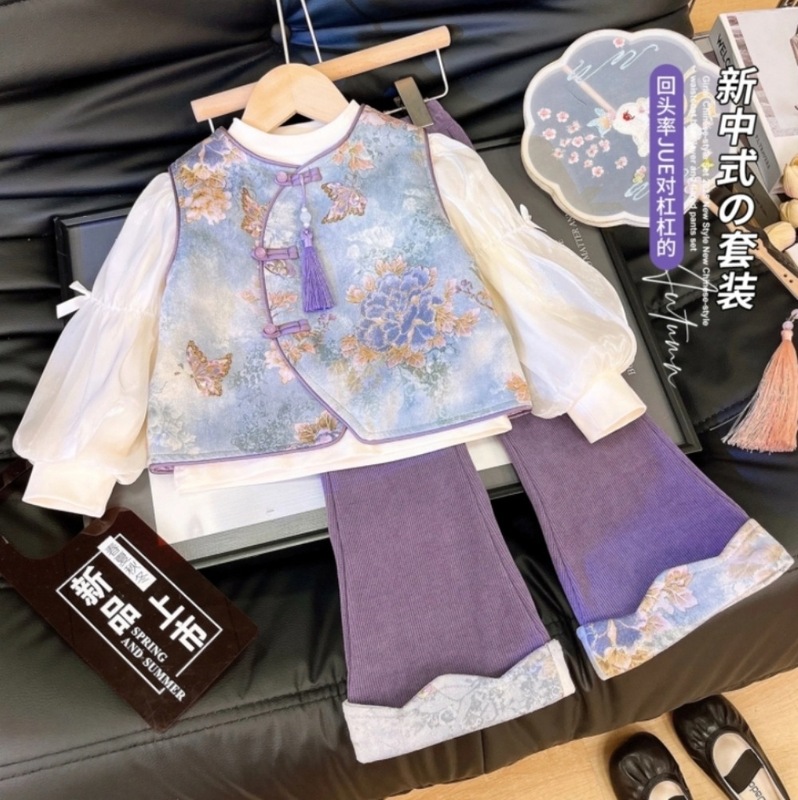 2025新款女宝宝国风秋季儿童中式国风外套内衫阔腿裤紫色三件套|undefined