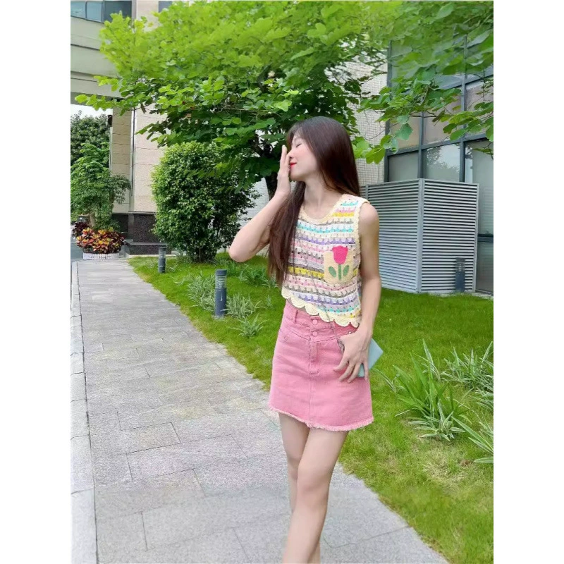 Допамин носить цветной полосатый трикотажный жилет женский весенний сладкий стиль дизайн нерегулярный короткий топ без рукавов