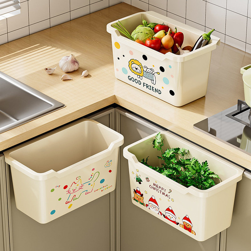 Kitchen Wall-Mounted Trash Can, Household Food Waste Vegetable Storage Box, Plastic Cartoon Trash Bin, Stove Cabinet Door Storage Frame
