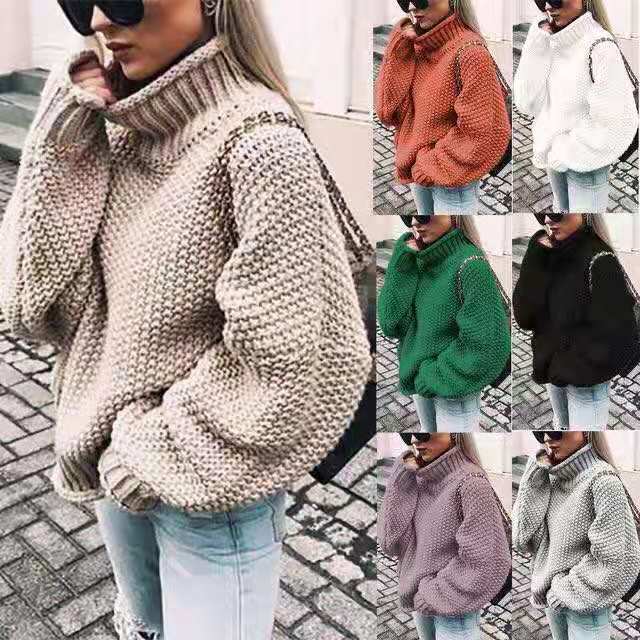 新款2021秋冬季欧美街头套头高领宽松型毛衣女式针织衫