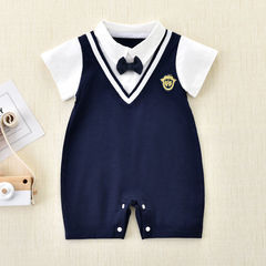 Baby unisex one-piece summer clothing for newborn boys, crew neck, thin crawling suit, college style, trendy short-sleeved two-piece blouses