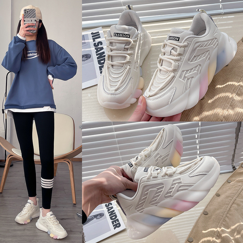 彩虹底老爹鞋女2021春季新款牛筋白色休閑厚底運動跑步鞋ins潮