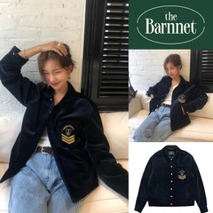 现货~韩国八奶theBarnnet宽松显瘦丝绒翻领学院风单排金扣外套女