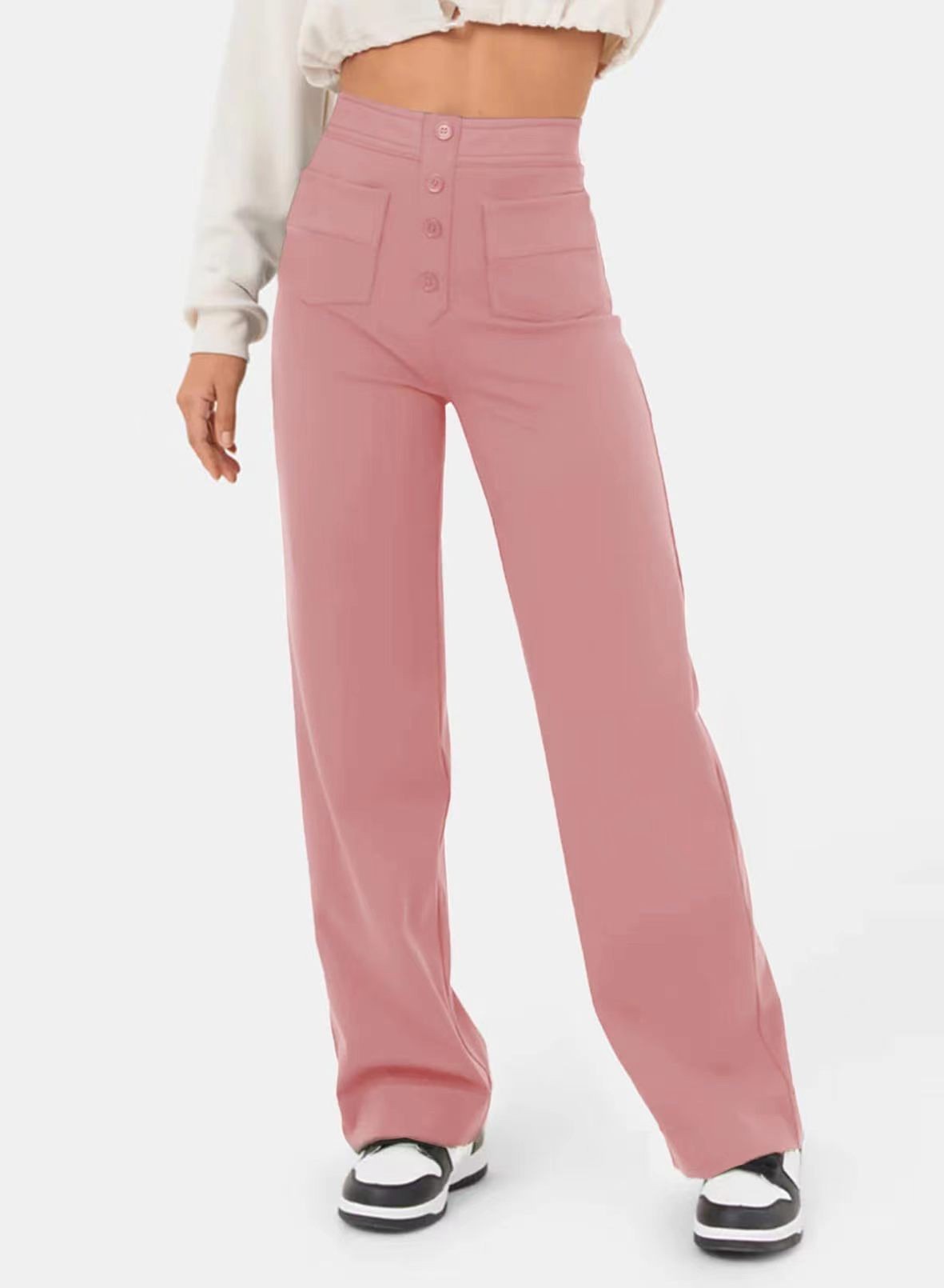 Women's High-Waisted Straight Leg Pants With Multiple Pockets - Stretch Comfort Casual Trousers For Everyday Wear_ecoleips.com