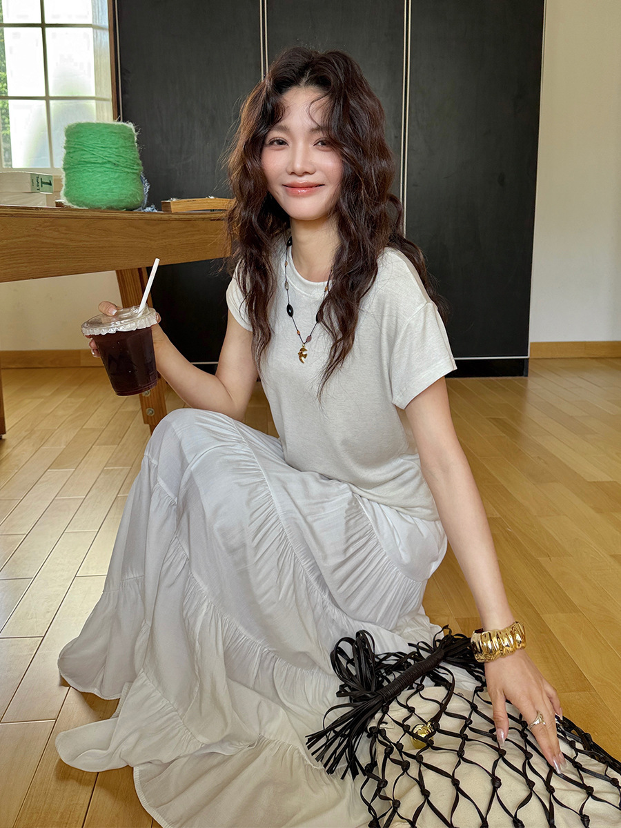 艾纯诗夏季天丝羊毛短袖t恤女2025新款圆领修身连袖纯色设计感上