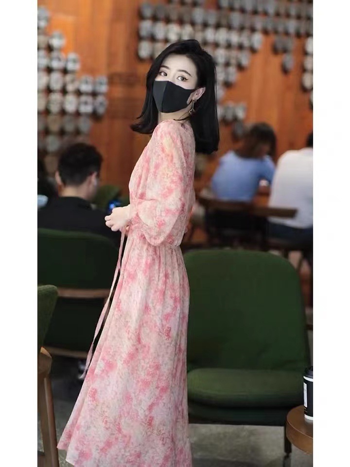 Đầm maxi hoa nhí chiffon dáng thắt eo kiểu Pháp — Màu hồng chi tiết 2
