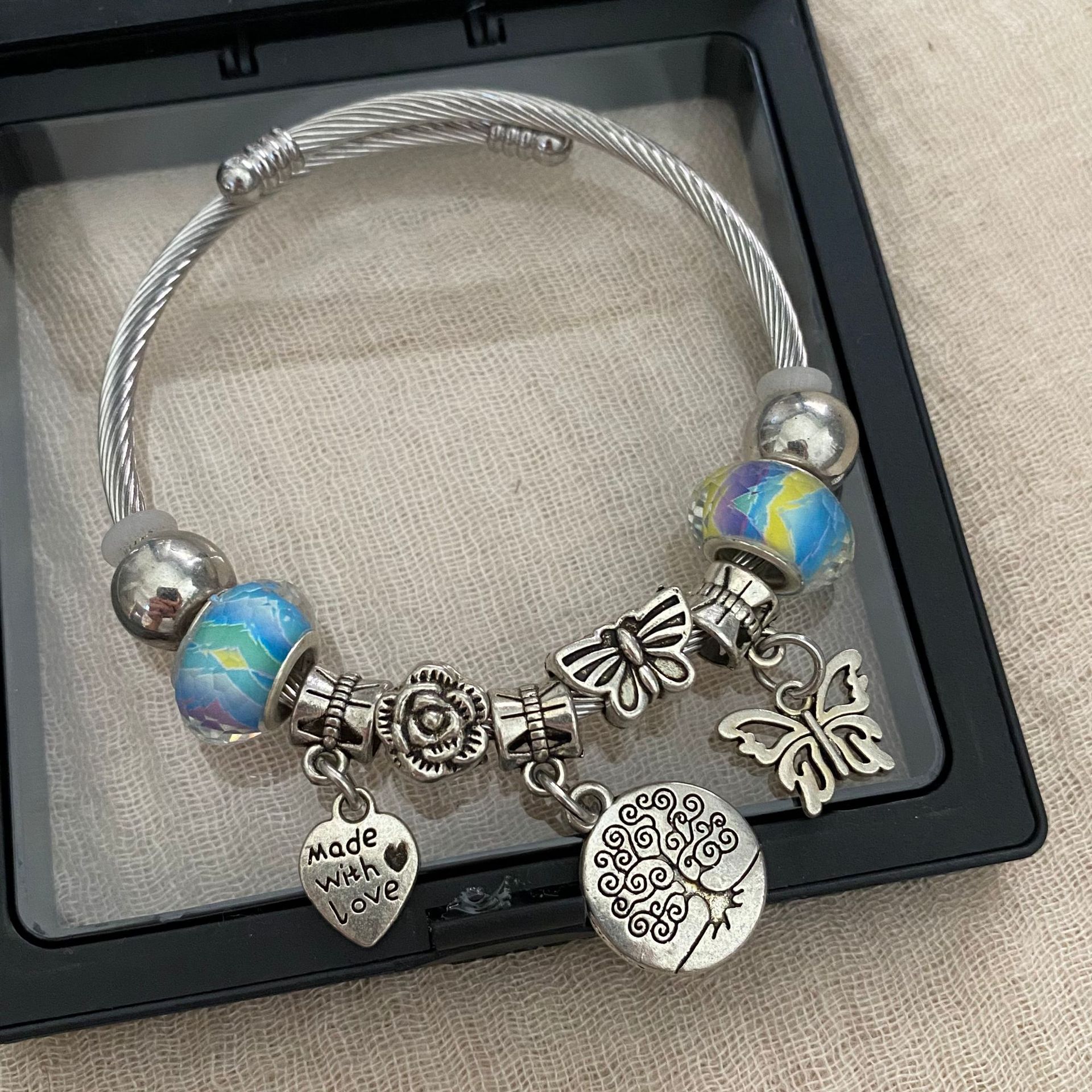 Pulsera de Acero Inoxidable Panjia Dora con Corazón y Oso, Pulsera Abierta con Cuentas para DIY, Joyería de Estilo Fresco, Éxito de Ventas en Amazon