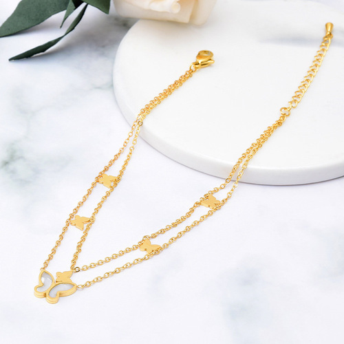  new Korean version double-layer butterfly anklet shell anklet titanium steel furnace color-preserving electroplating 18k gold women's anklet