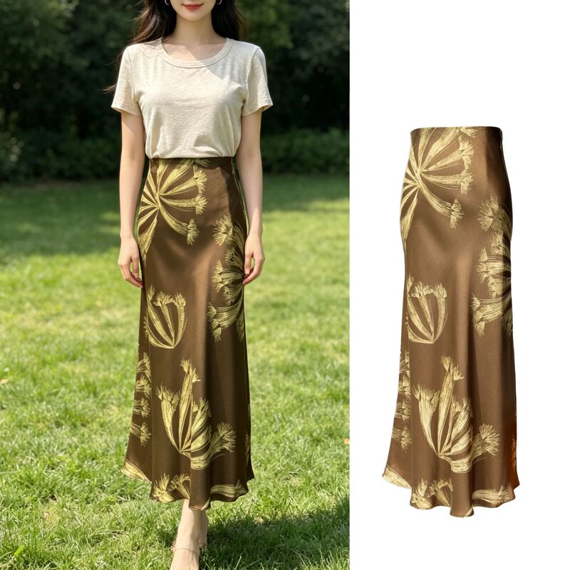 Dandelion Tea Base·French Retro Sand-Washed Satin Bias-Cut Silk Mid-Length Mermaid Skirt