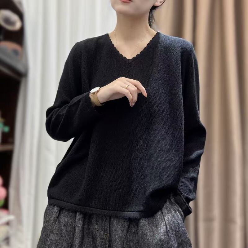 2025秋韩版宽松简约V领波浪边纯色套头针织衫百搭毛衣上衣女0820|undefined