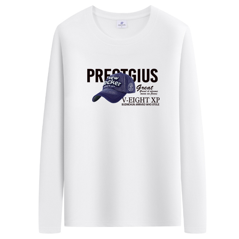 Spring and Autumn Men's Long-sleeved T-shirt Fashionable Clothes Printed Round Neck White Casual Long-sleeved T-shirt Autumn Clothes Loose Base Shirt