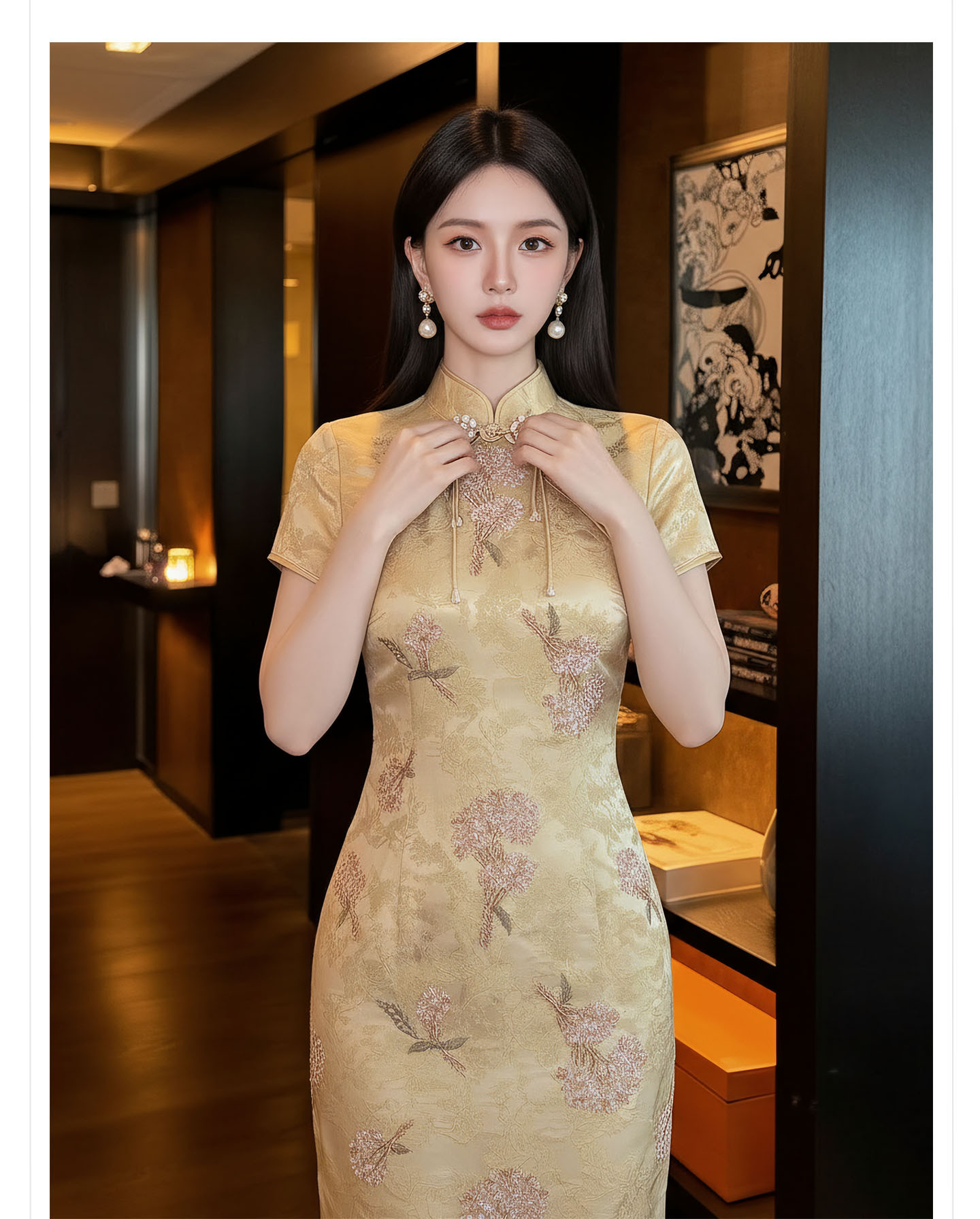 Đầm maxi nữ thêu ren hoa cổ trụ cài khuy, phong cách tân cổ điển — màu vàng chi tiết 8