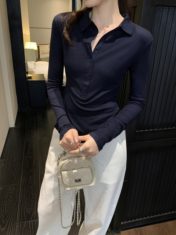 辣妹纯欲POLO衫翻领长袖T恤女2025春秋正肩修身内搭显瘦打底上衣|undefined