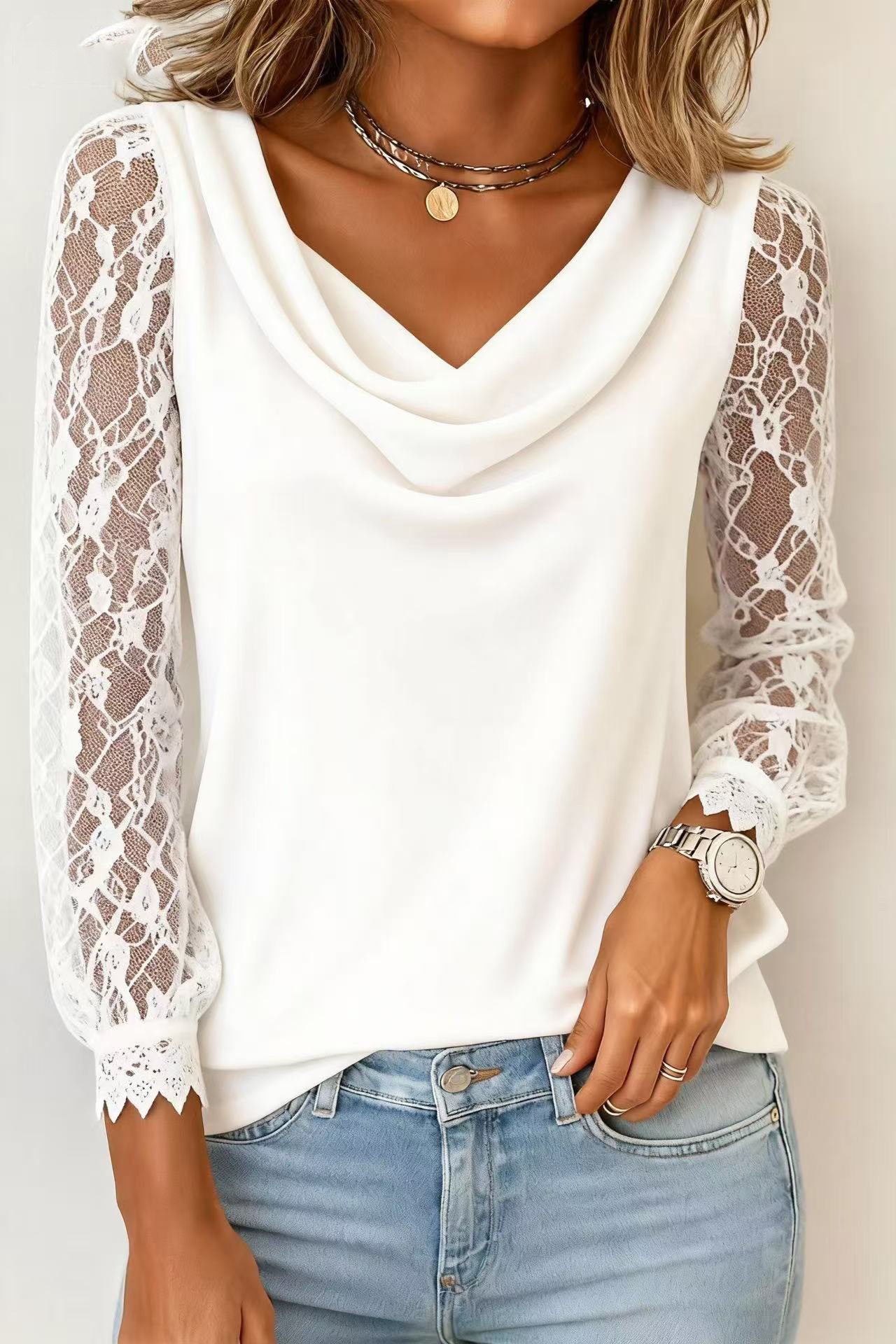 Elegante Damenbluse Mit Drapiertem Ausschnitt Und Spitze_voghion.com