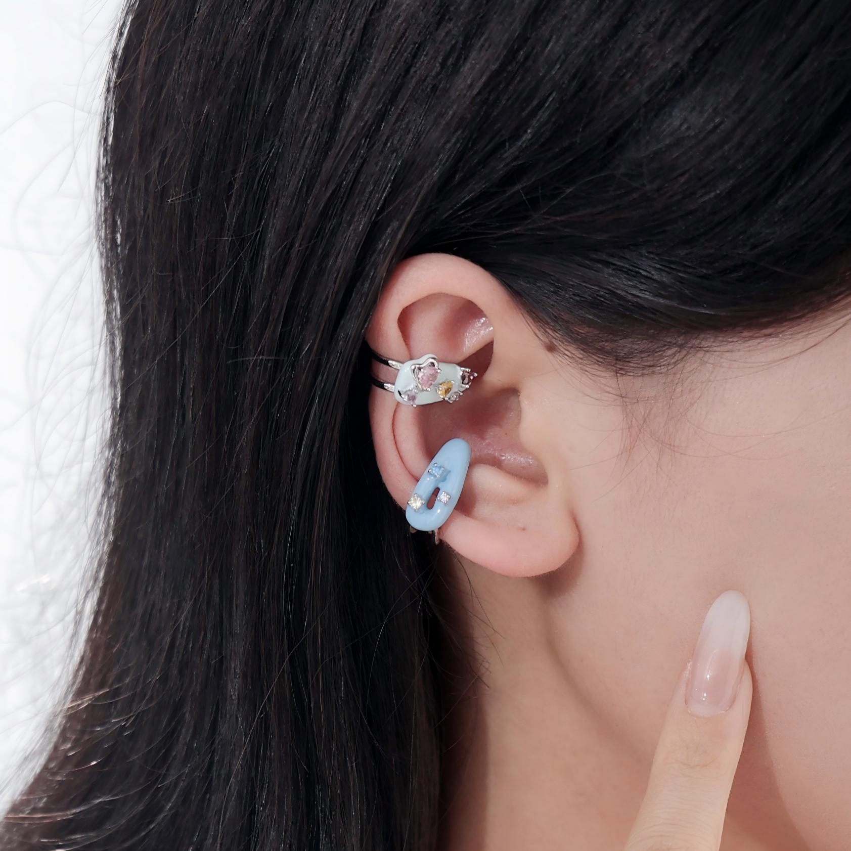 Japón y Corea del Sur dopamina color esmalte frío nicho de diseño original amor incrustado zircon diseño sin agujeros de orejas clip de hueso de orejas