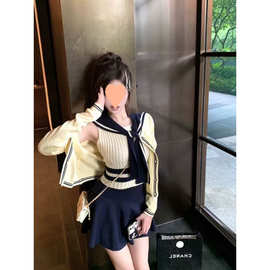 海军风镂空小背心秋装搭配一整套学院风针织开衫女高腰裙裤两件套