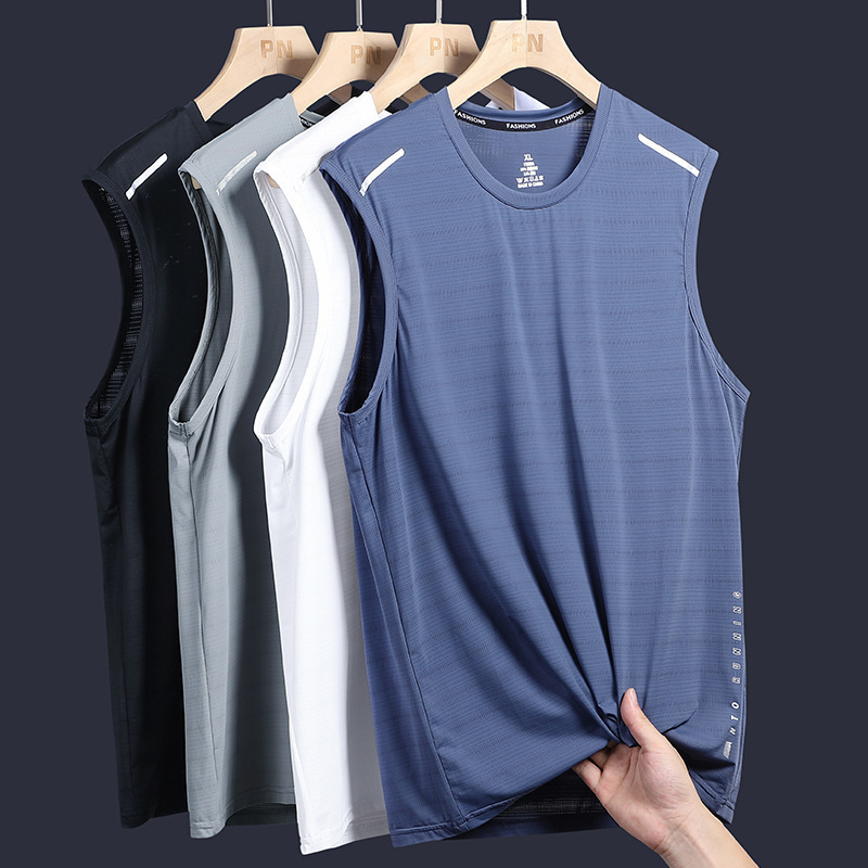 Large size ice silk vest men's summer sweat-absorbent breathable sleeveless T-shirt cool feeling loose tide brand sports men's manufacturers wholesale