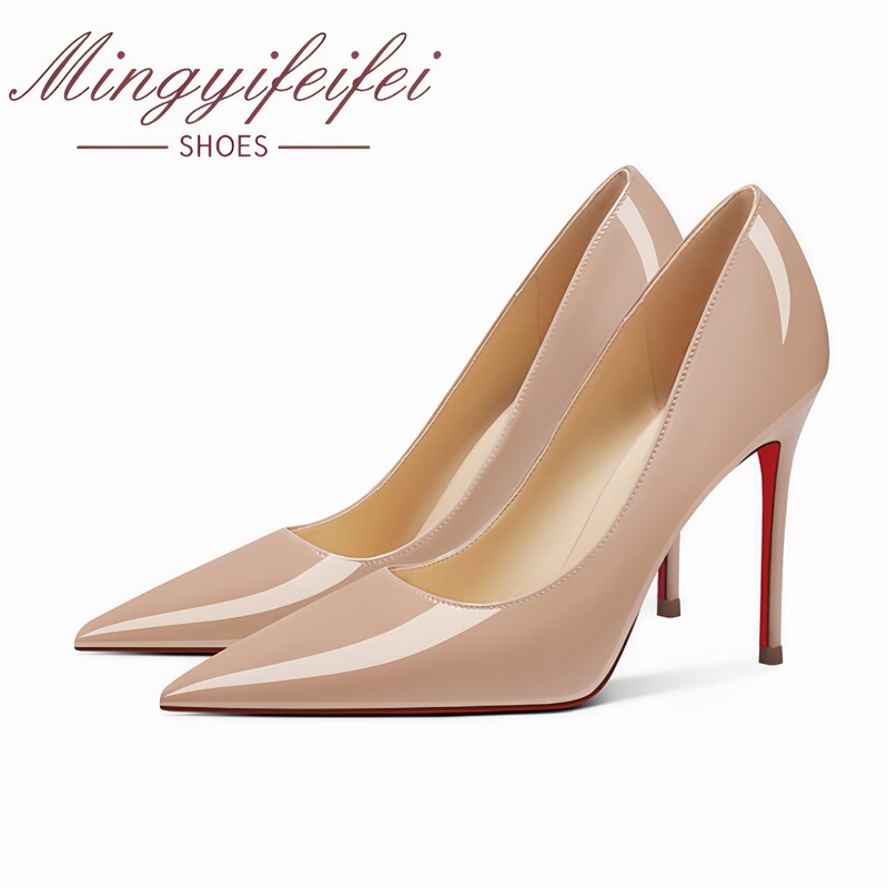Sheepskin in Stock, New Summer Style Nude Soft Patent Leather Red Sole Stiletto Heels, Pointed Toe Sexy Party Shoes for Women Wholesale