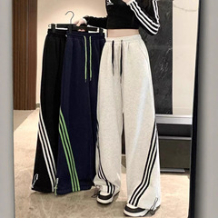 复古三条杠休闲裤女春秋美式大码潮流运动束脚裤高腰垂感阔腿卫裤