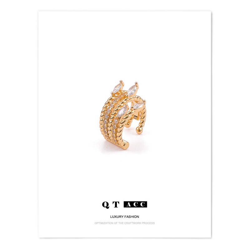 Latón chapado 18K oro real/ZIRCON con incrustaciones francés luz lujo retro temperamento multi-capa oído hueso clip giro pendientes para mujeres