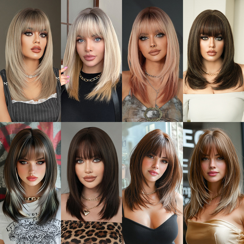 Cross-Border 18inch Shoulder-Length Layered Straight Hair Wig for Women, Siamese Cat Style with Bangs, Dyed Synthetic Fiber Hairpiece