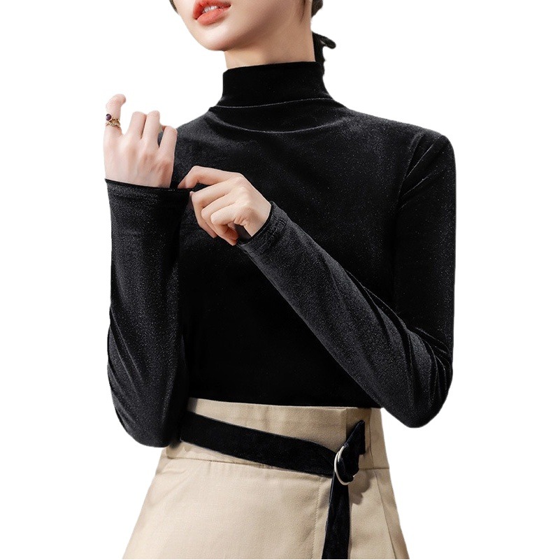Velvet Base Shirt for Women 2025 New Style Women's Clothing Elegant Half-High Collar Stylish Top Waist-Cinching Long-Sleeve Inner Wear