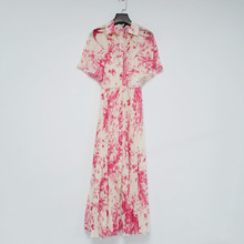 夏季法式优雅粉色印花超薄两件套短袖衬衫领高腰百褶裙连衣裙长裙