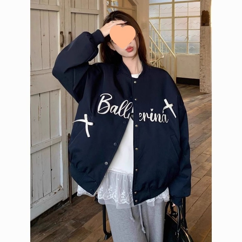 PS美式复古棒球服外套女春秋季设计感小众双层夹克上衣服氨纶|undefined