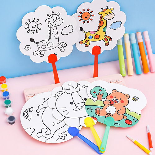 Creative DIY Graffiti Fans for Children, Cartoon Style, Portable Stands, Educational Toys, Cute Coloring, Unique Shaped Fans, Wholesale