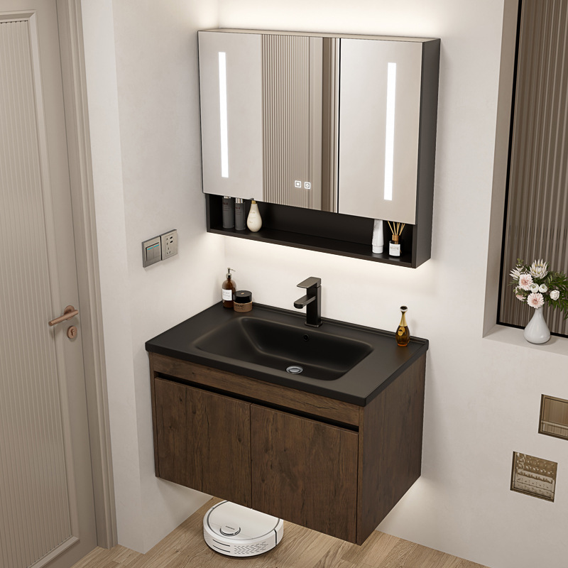 Nuevo gabinete de baño de color nuez gabinete de lavabo hotel pequeño baño en lavabo de aluminio espacio