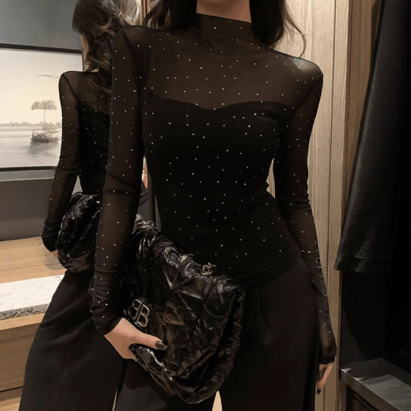 Shiny Half-High Collar Thin Long-Sleeved Mesh Summer Korean Style Slim-Fitting Elastic Slightly See-Through Top with Lace Shirt Inside and Outside Shiny Half-High Collar Thin Long-Sleeved Mesh Summer Korean Style Slim-Fitting Elastic Slightly See-Through Top with Lace Shirt Inside and Outside