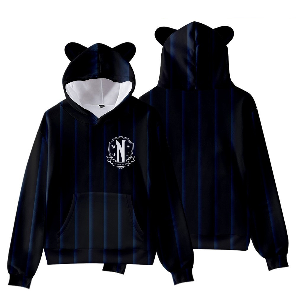 Nuevo estilo explosivo transfronterizo Adams familia estampado 3D orejas de gato con capucha para hombres y mujeres suéter con el mismo estilo