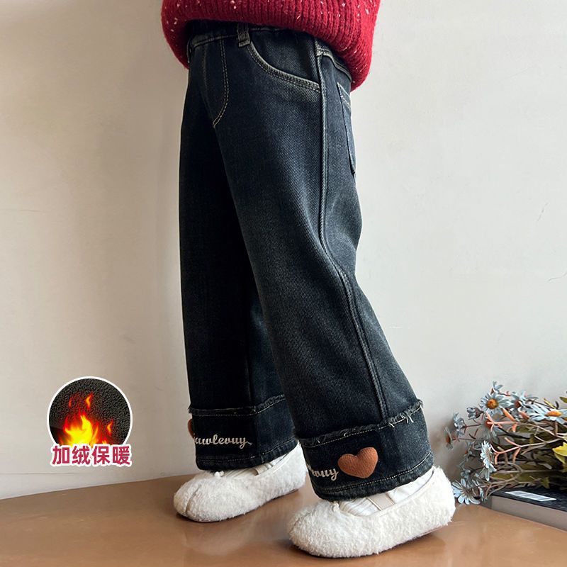 Niñas con jeans de peluche otoño y invierno nuevos pantalones de piernas anchas de estilo extranjero para niños con pantalones casuales rectos