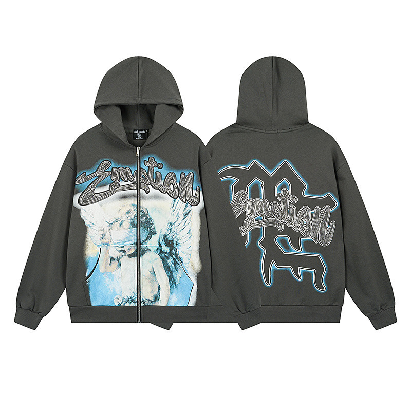 Mixed Emotion Jacket Graphic Zip Up Hoodie Grey