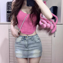 2025年美式辣妹高腰牛仔短裤女小个子弹力防走光a紧身包臀半身