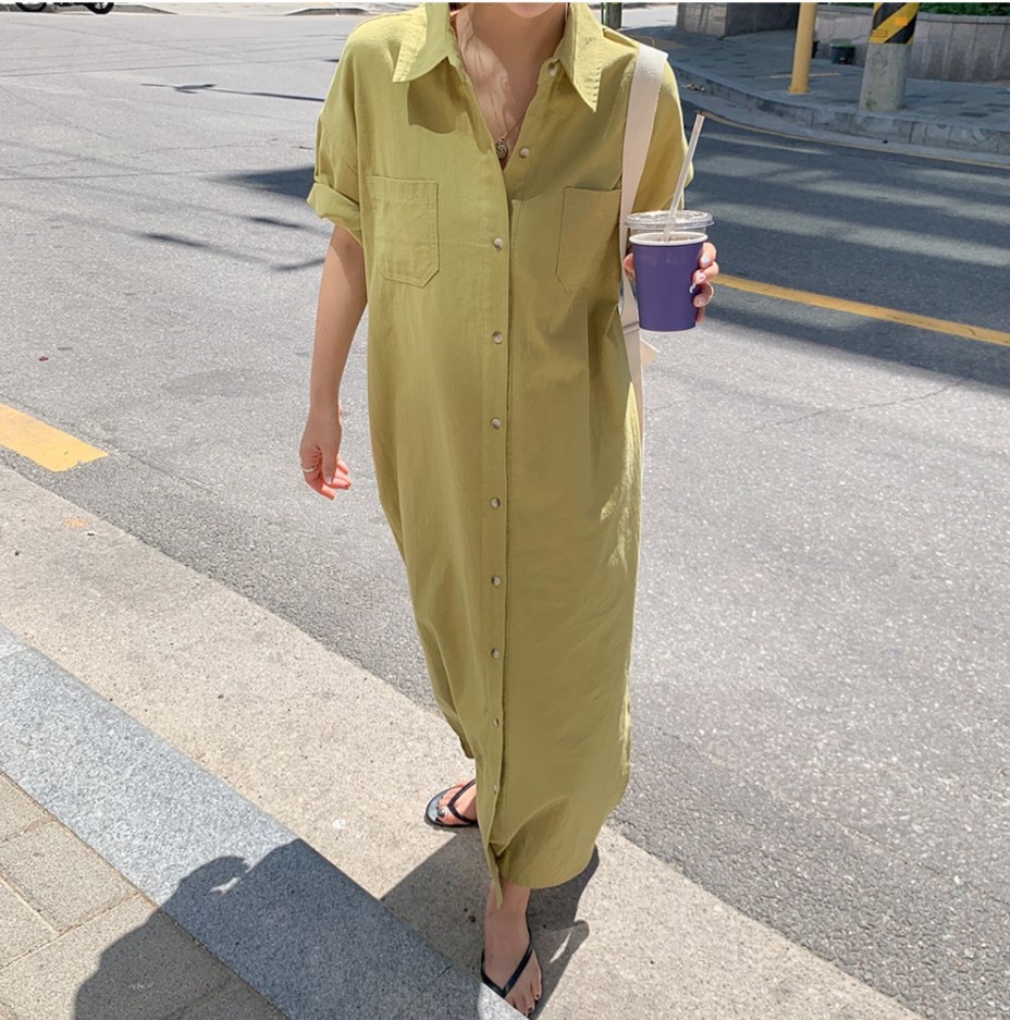 Korean Summer Short Sleeve Long Pattern Dress Loose Lazy Over The Knee Shirt Dress Women